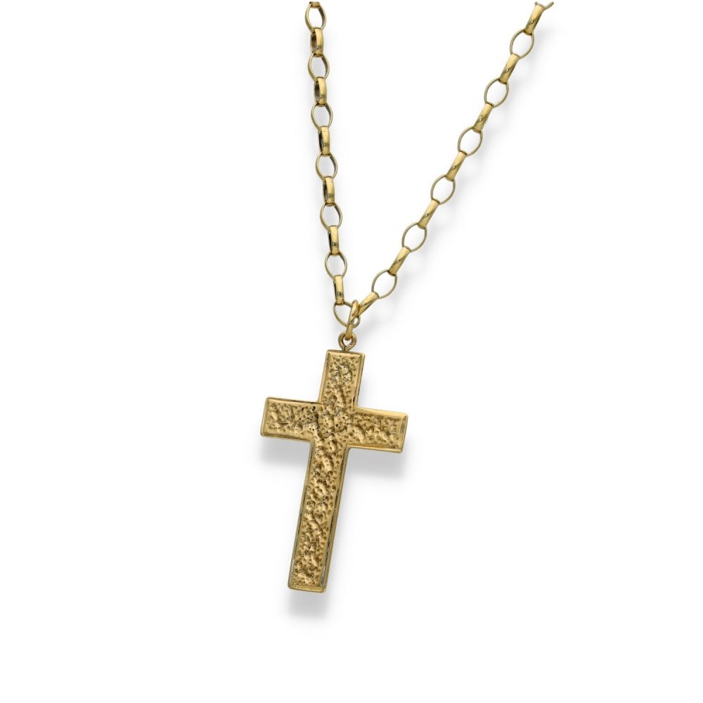9ct Yellow Gold Patterned Cross Pendant & Chain - 19" - 10.2g