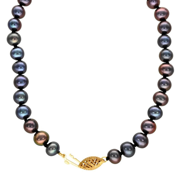 9ct Yellow Gold Black Pearl Necklace - 18" - 25.2g