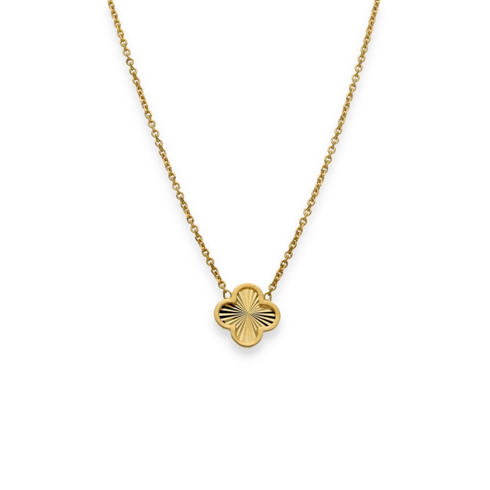 9ct Yellow Gold Sunburst Clover Pendant & Trace Chain - 16/18"