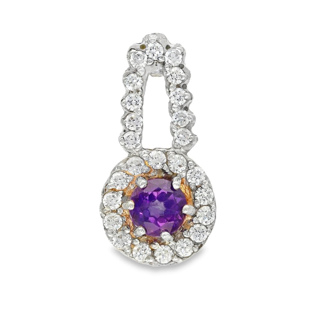 9ct Yellow & White Gold Amethyst & CZ Halo Pendant - 13x25x4.5mm