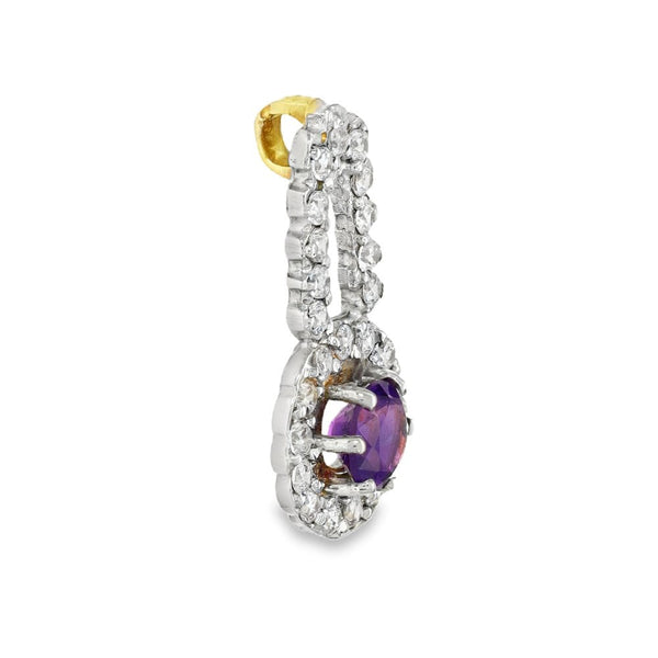 9ct Yellow & White Gold Amethyst & CZ Halo Pendant - 13x25x4.5mm