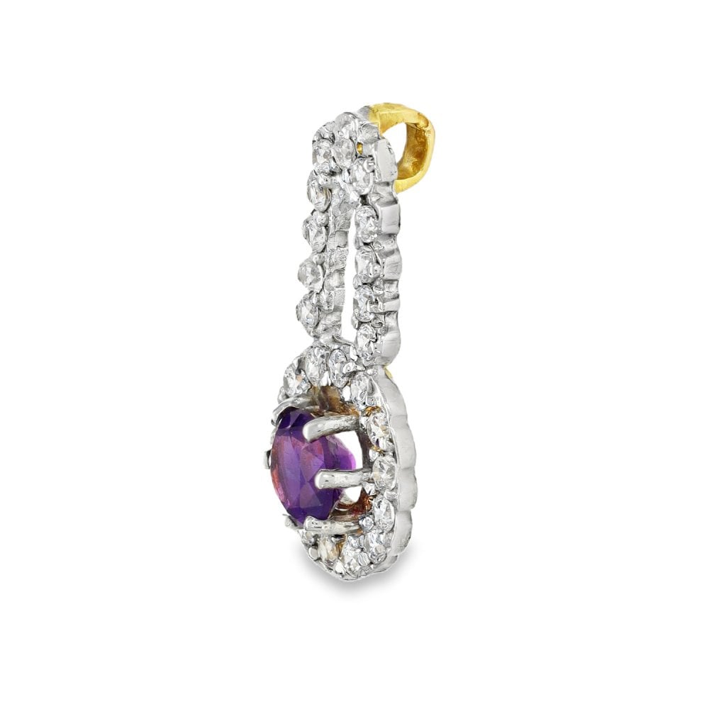 9ct Yellow & White Gold Amethyst & CZ Halo Pendant - 13x25x4.5mm