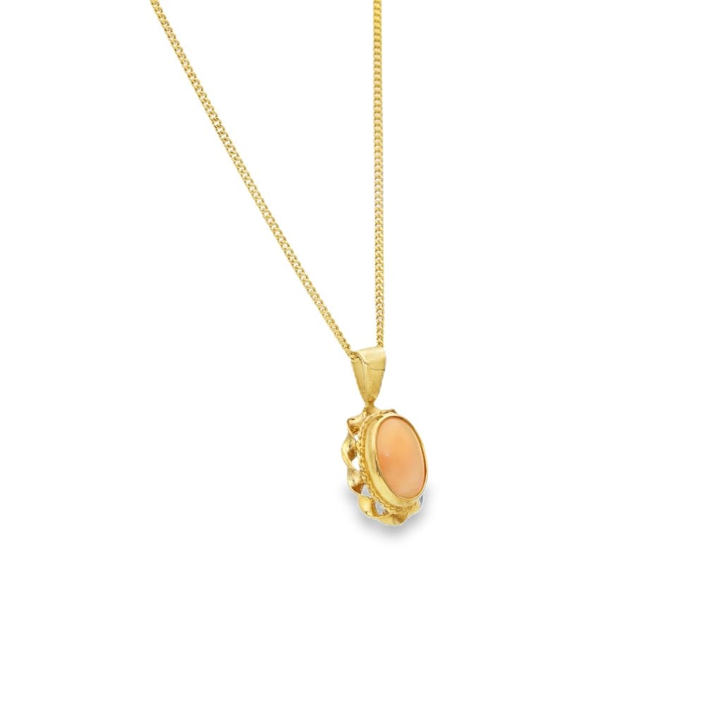 9ct Yellow Gold Twist-Edge Coral Pendant & Necklace - 18" - 2.8g