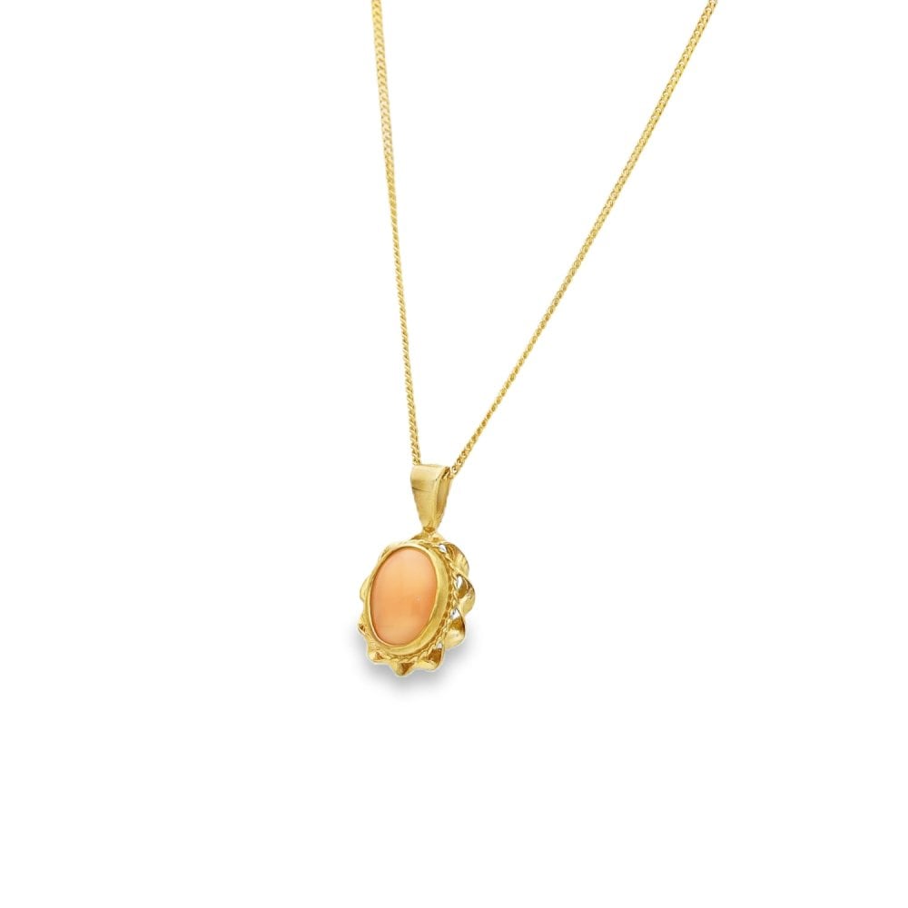 9ct Yellow Gold Twist-Edge Coral Pendant & Necklace - 18" - 2.8g