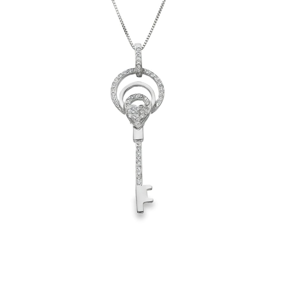 18ct White Gold Diamond Heart Key Pendant & Chain - 18" - 0.28ct