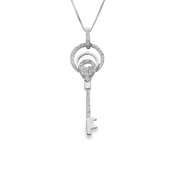 18ct White Gold Diamond Heart Key Pendant & Chain - 18" - 0.28ct
