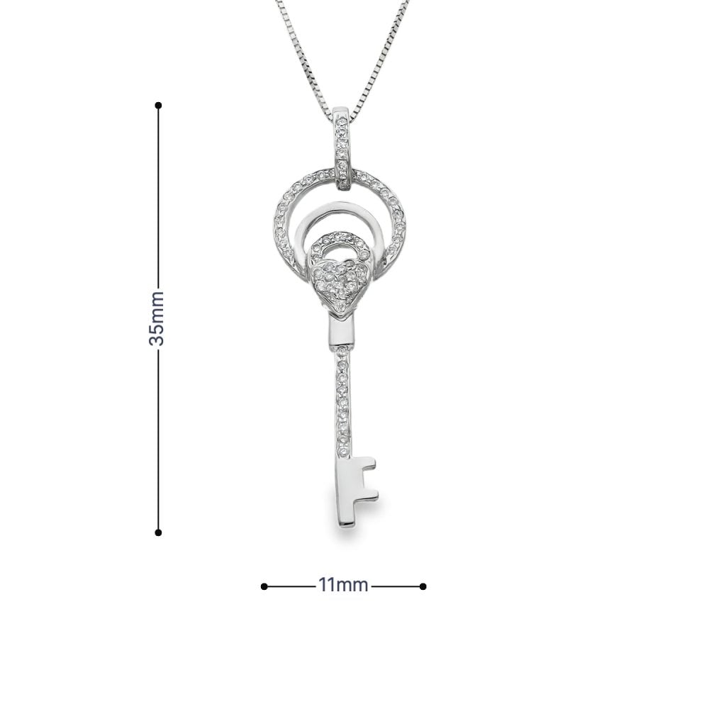 18ct White Gold Diamond Heart Key Pendant & Chain - 18" - 0.28ct