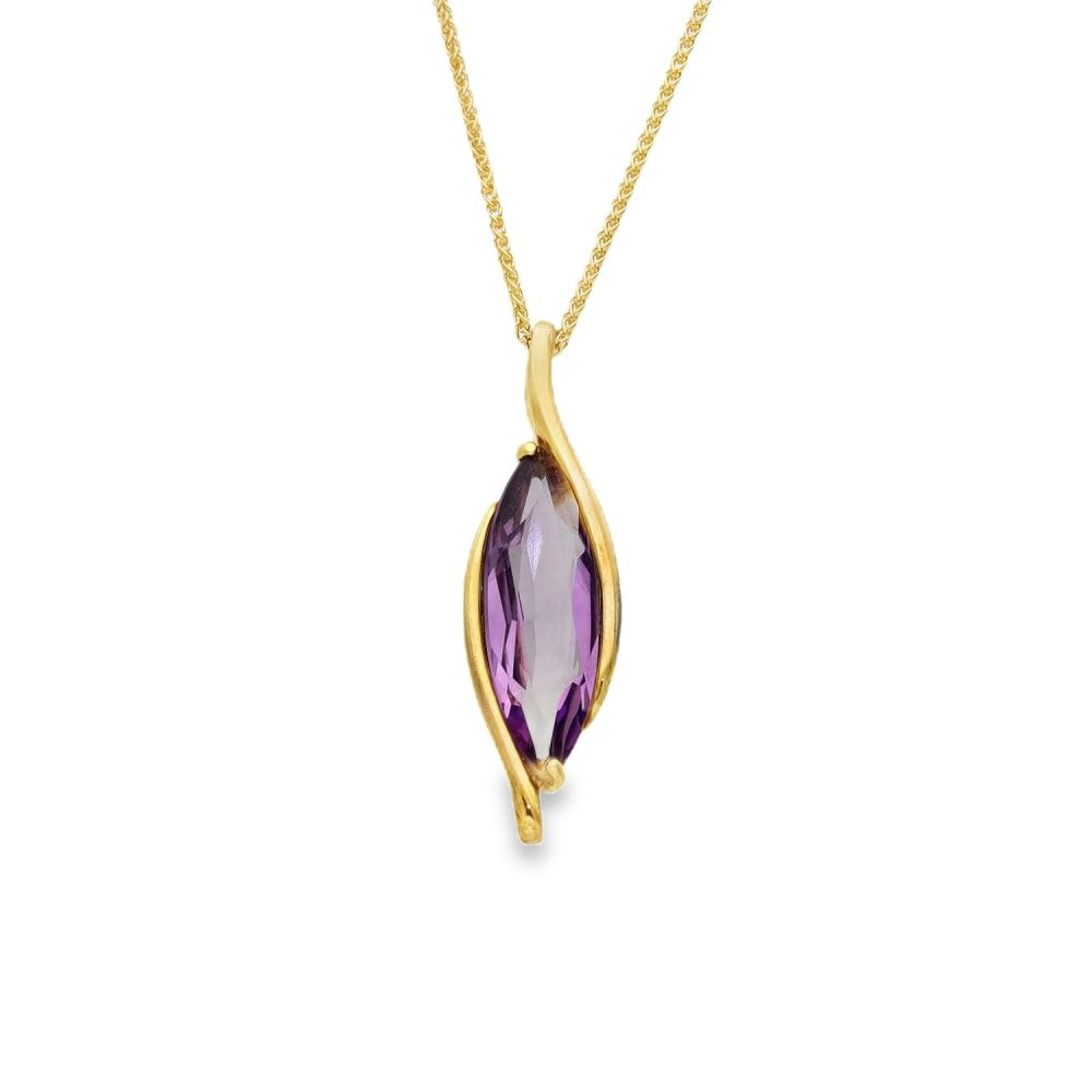 9ct Yellow Gold Amethyst Marquise Pendant & Necklace - 18" -5.7g