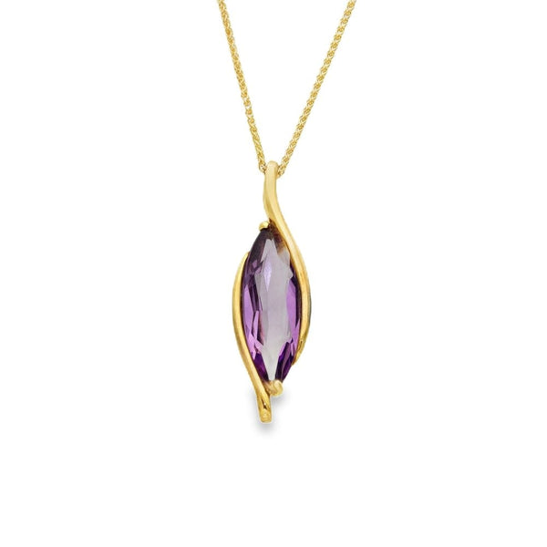 9ct Yellow Gold Amethyst Marquise Pendant & Necklace - 18" -5.7g