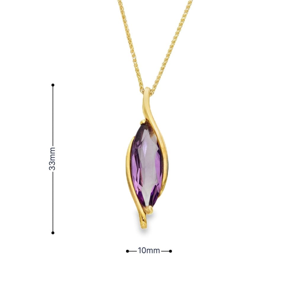 9ct Yellow Gold Amethyst Marquise Pendant & Necklace - 18" -5.7g