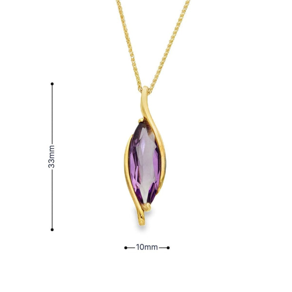 9ct Yellow Gold Amethyst Marquise Pendant & Necklace - 18" -5.7g