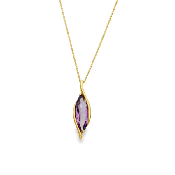 9ct Yellow Gold Amethyst Marquise Pendant & Necklace - 18" -5.7g