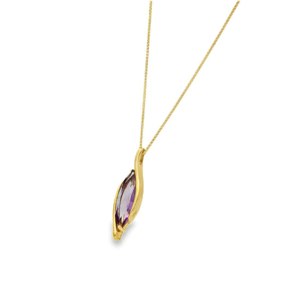 9ct Yellow Gold Amethyst Marquise Pendant & Necklace - 18" -5.7g