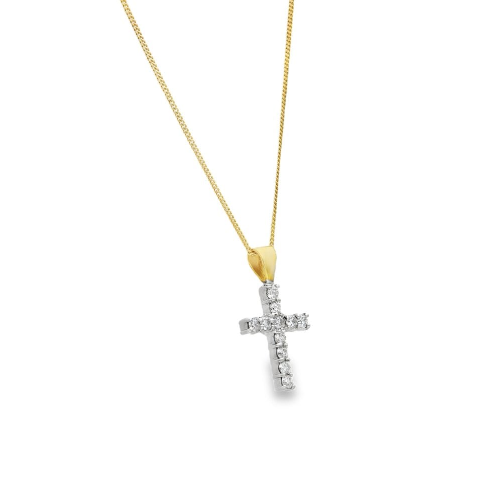 9ct Yellow & White Gold Diamond Cross Pendant & Chain - 0.50ct