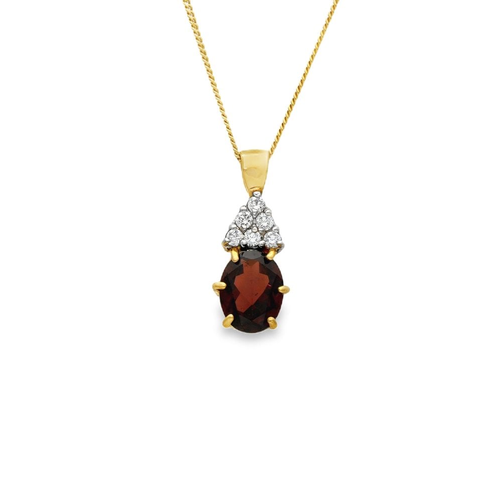9ct Yellow Gold Garnet & CZ Pendant & Curb Chain - 18" - 3.3g