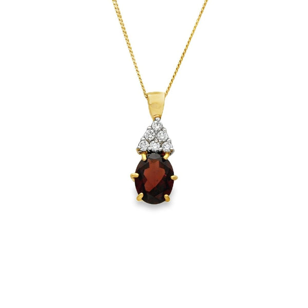 9ct Yellow Gold Garnet & CZ Pendant & Curb Chain - 18" - 3.3g