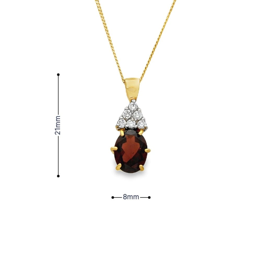 9ct Yellow Gold Garnet & CZ Pendant & Curb Chain - 18" - 3.3g