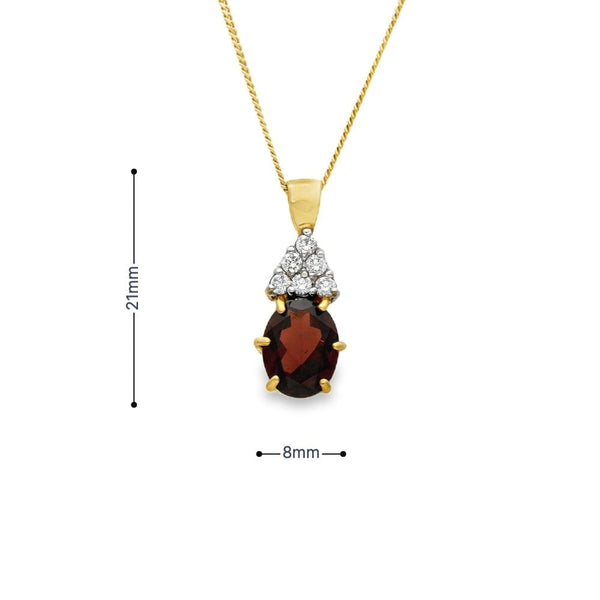 9ct Yellow Gold Garnet & CZ Pendant & Curb Chain - 18" - 3.3g