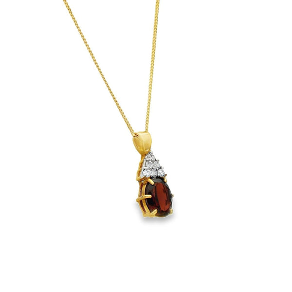 9ct Yellow Gold Garnet & CZ Pendant & Curb Chain - 18" - 3.3g