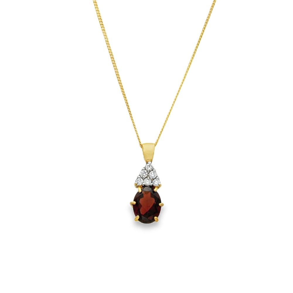 9ct Yellow Gold Garnet & CZ Pendant & Curb Chain - 18" - 3.3g