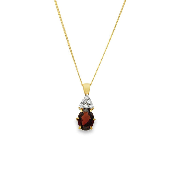 9ct Yellow Gold Garnet & CZ Pendant & Curb Chain - 18" - 3.3g