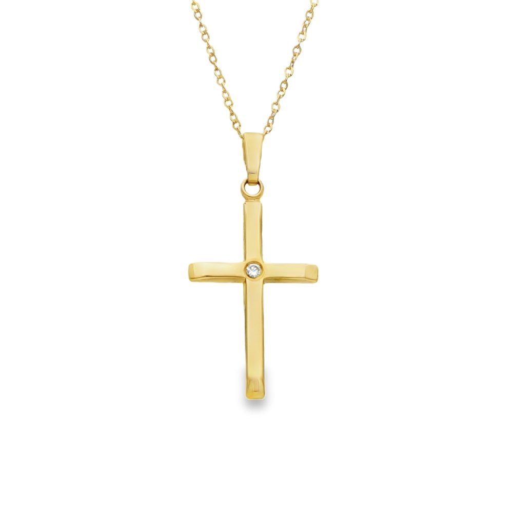 9ct Yellow Gold Diamond Cross Pendant & Necklace - 18" - 0.02ct