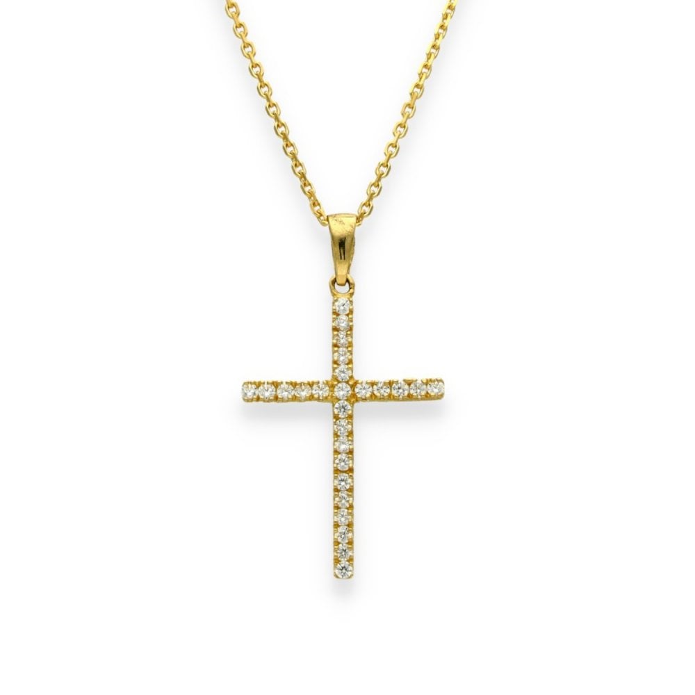 9ct Yellow Gold Cubic Zirconia Cross Pendant & Chain - 16/18"