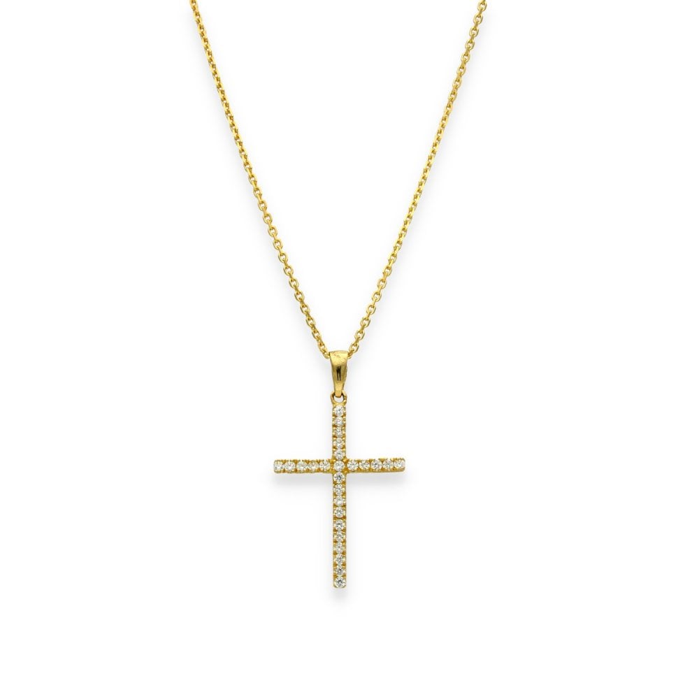 9ct Yellow Gold Cubic Zirconia Cross Pendant & Chain - 16/18"
