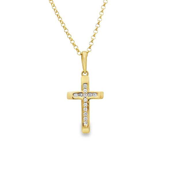 9ct Yellow Gold Cubic Zirconia Cross Pendant & Chain - 16/18"