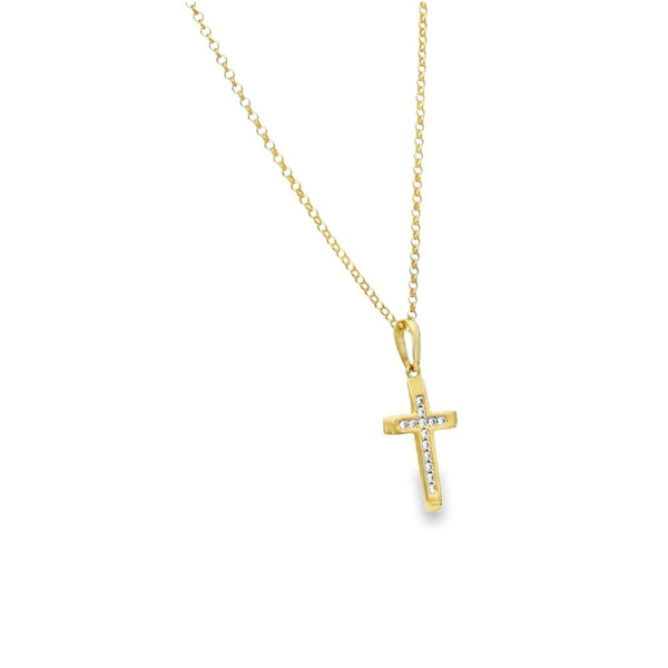 9ct Yellow Gold Cubic Zirconia Cross Pendant & Chain - 16/18"