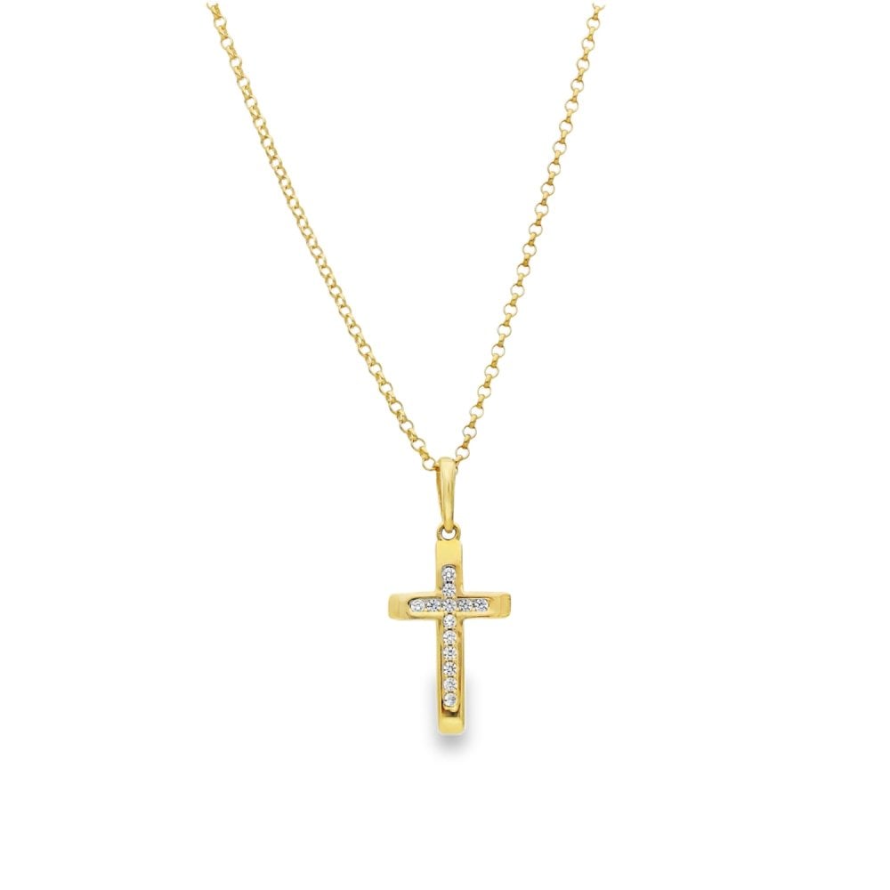 9ct Yellow Gold Cubic Zirconia Cross Pendant & Chain - 16/18"