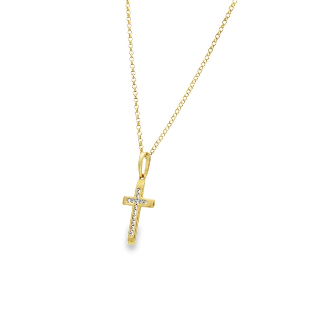 9ct Yellow Gold Cubic Zirconia Cross Pendant & Chain - 16/18"