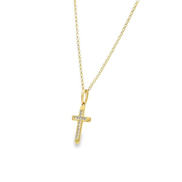 9ct Yellow Gold Cubic Zirconia Cross Pendant & Chain - 16/18"