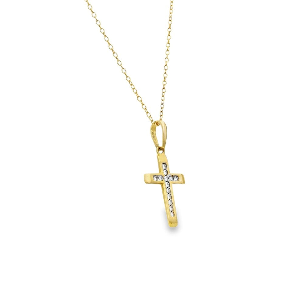 9ct Yellow Gold CZ Cross Pendant & Trace Necklace - 18" - 1.8g