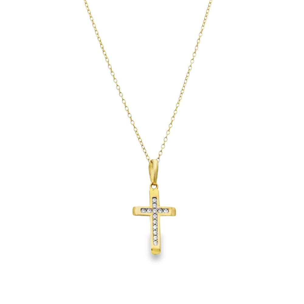 9ct Yellow Gold CZ Cross Pendant & Trace Necklace - 18" - 1.8g