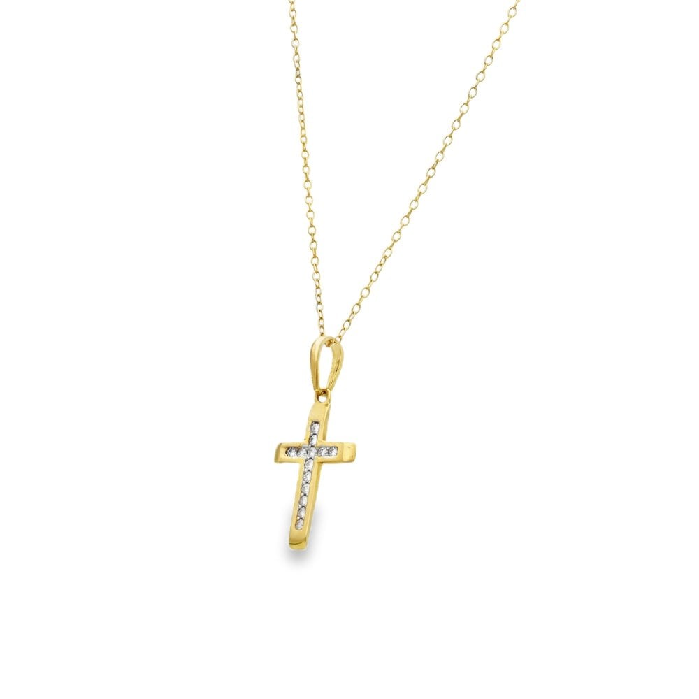 9ct Yellow Gold CZ Cross Pendant & Trace Necklace - 18" - 1.8g