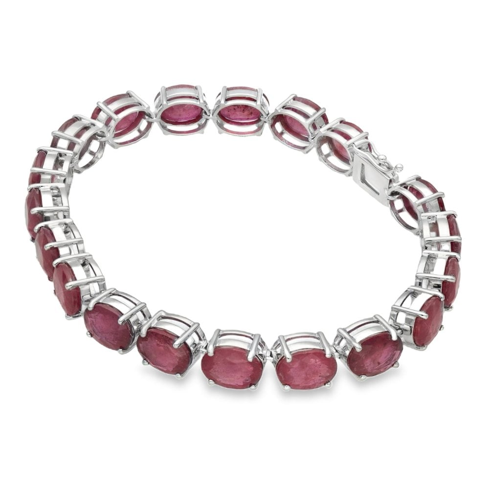 18ct White Gold Oval Ruby Bracelet - 7.5" - 27.4g - 43.89ct