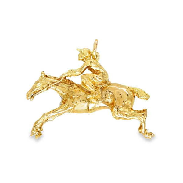 9ct Yellow Gold Horse & Jockey Pendant - 38x26x13mm - 10.6g