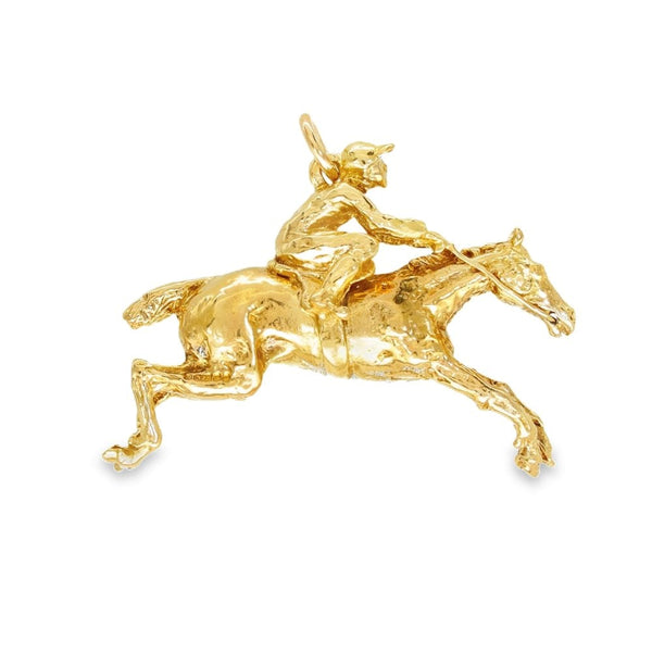 9ct Yellow Gold Horse & Jockey Pendant - 38x26x13mm - 10.6g