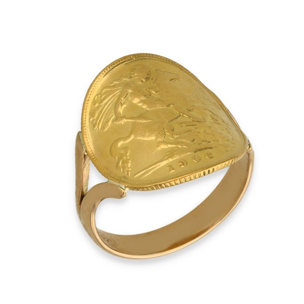 1906 Yellow Gold Half Sovereign Coin Ring - Size Q - 5.8g