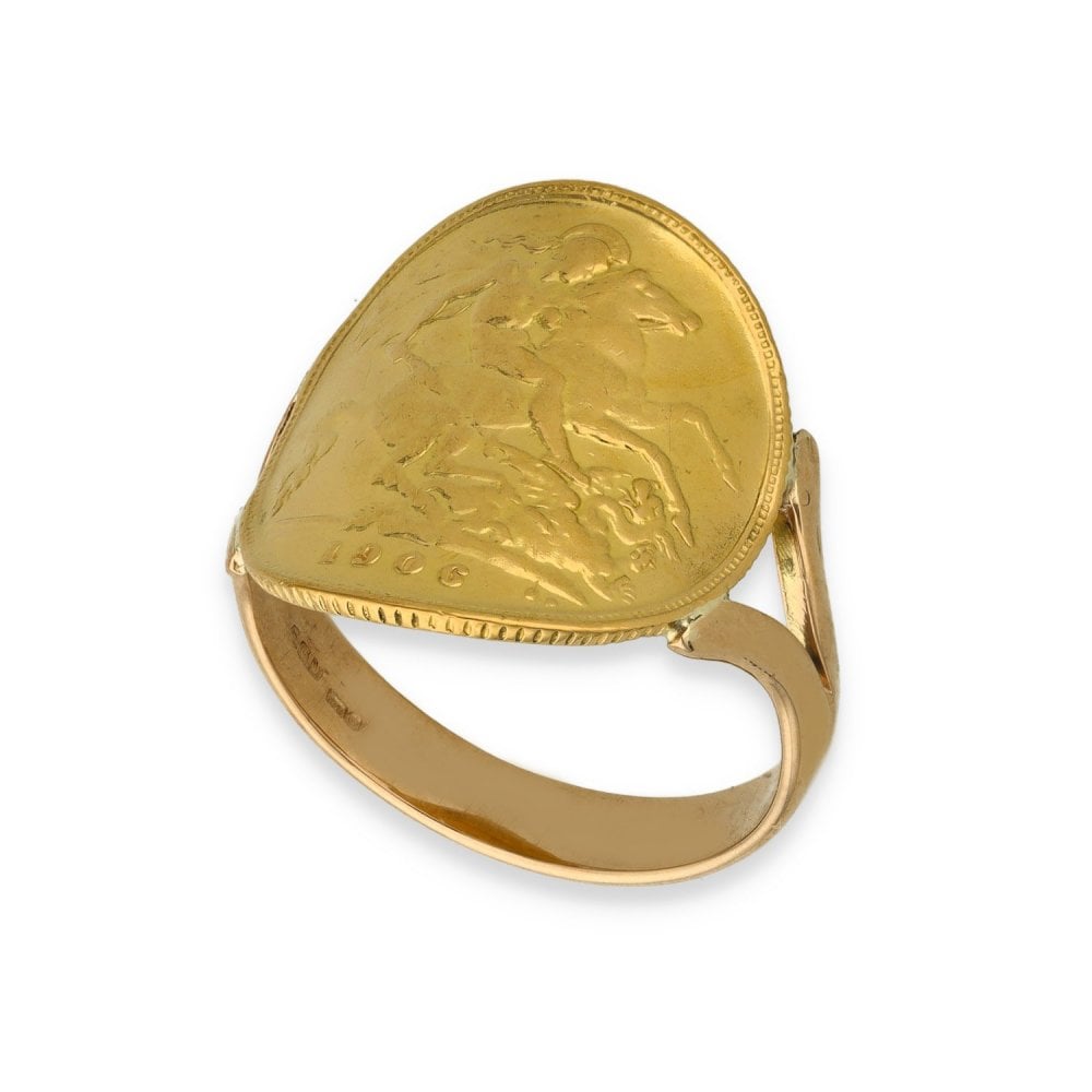 1906 Yellow Gold Half Sovereign Coin Ring - Size Q - 5.8g