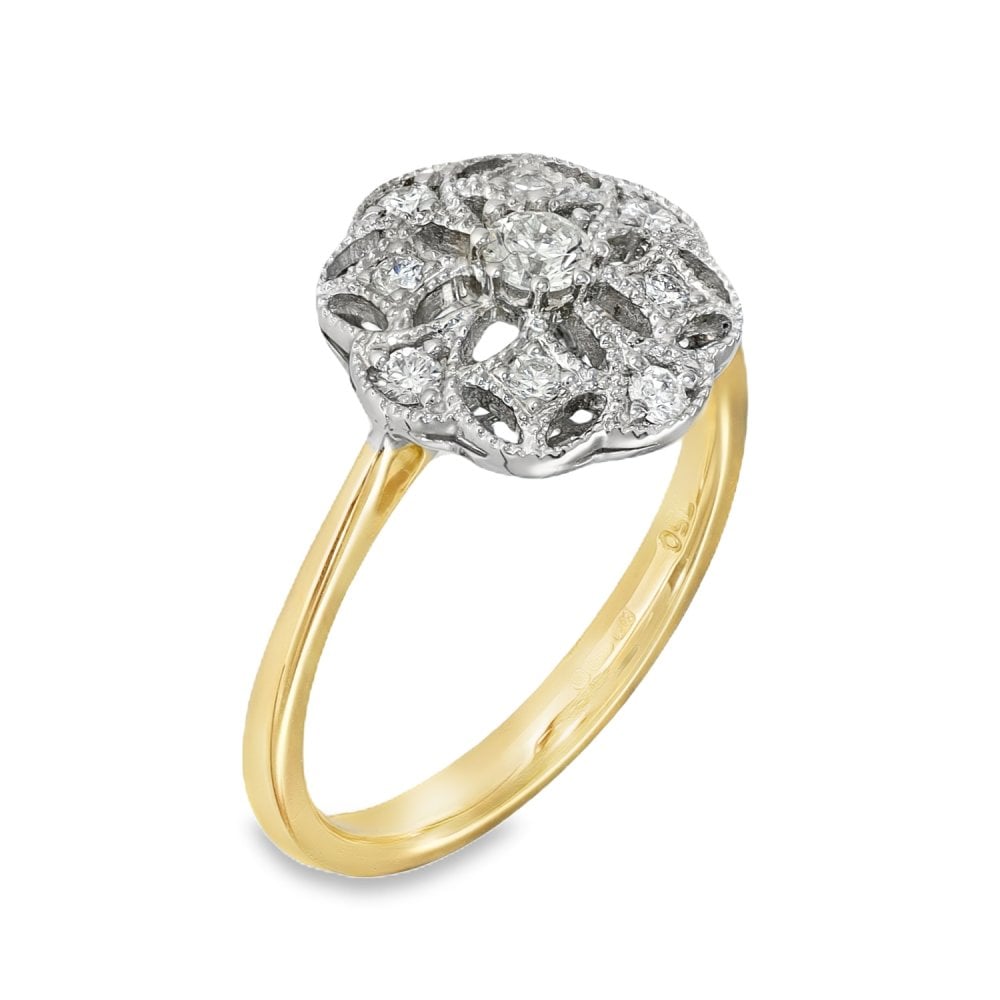 18ct Yellow Gold Vintage Diamond Cocktail Ring - Size M - 0.28ct