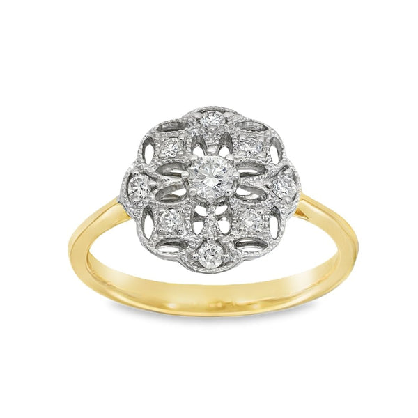 18ct Yellow Gold Vintage Diamond Cocktail Ring - Size M - 0.28ct