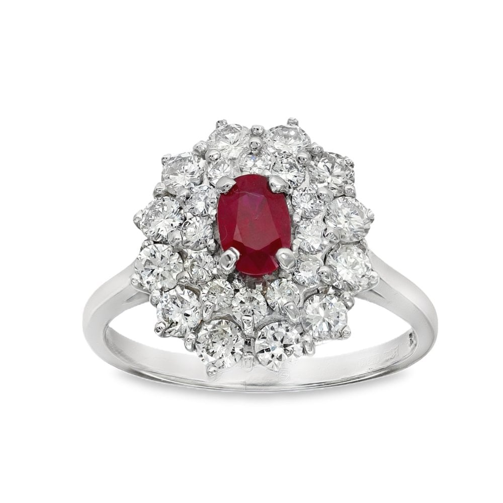 18ct White Gold Ruby & Diamond Cluster Ring - Size P½ - 1.44ct