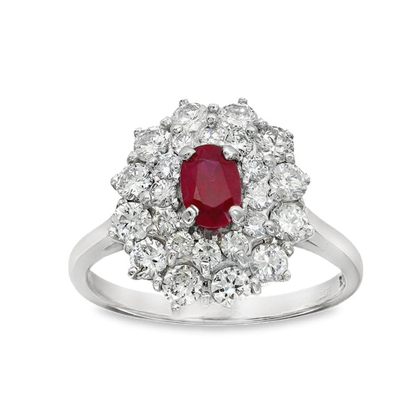 18ct White Gold Ruby & Diamond Cluster Ring - Size P½ - 1.44ct