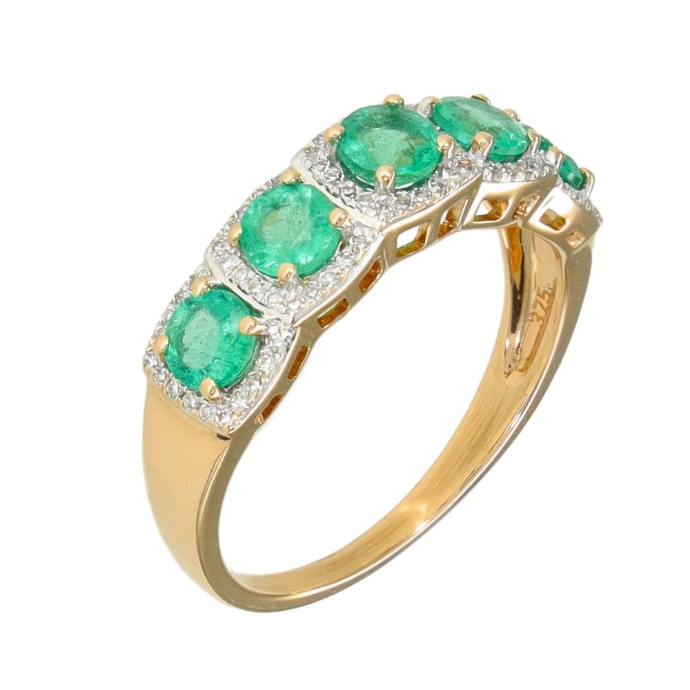 9ct Yellow Gold Emerald & Diamond Half-Eternity Ring - 0.29ct
