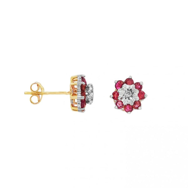 9ct Yellow Gold Ruby & Diamond Cluster Earrings - 10x10mm - 2.4g