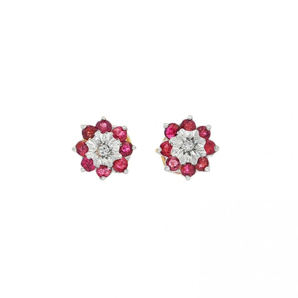 9ct Yellow Gold Ruby & Diamond Cluster Earrings - 10x10mm - 2.4g
