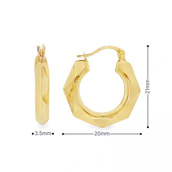 9ct Yellow Gold Faceted Hollow Hoop Earrings - 20x21x3.5mm -1.8g