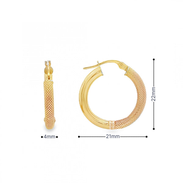 9ct Yellow Gold Patterned Tube Hoop Earrings - 21x22mm - 1.7g